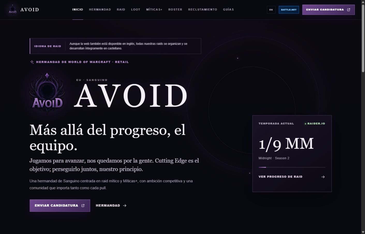 Página de inicio de Avoid Guild Web en escritorio
